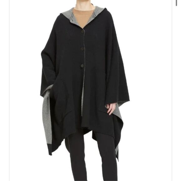 Theory button down Felted Wool-Cashmere Hooded Poncho - Black / Grey size P/S - Picture 1 of 8